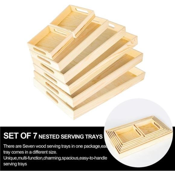 7PCS Wooden Nested Serving Trays Set - Rectangular Shape Unfinished Wood Trays - Picture 5 of 6